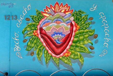 Mural colorful heart hummingbird